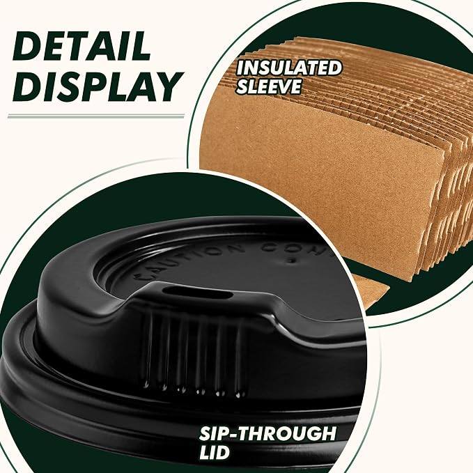 16 oz Coffee Cups with Lids and Sleeves 100 Pack, Thickened Paper Cups - Image 4