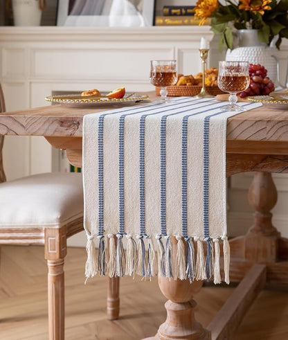 Caflife Boho Table Runner 60 Inchs Long Blue and Beige, Cotton and Linen Woven - Image 2