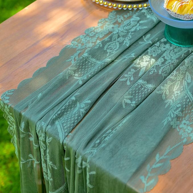 vctops Green Lace Table Runner 120 inch 10FT Floral Embroidered Boho Farmhouse - Image 6