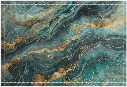 Marble Linen Place Mats Set of 4, 12x17 Inch Modern Abstract Foil Stone Texture Teal Gold Marble Washable Fabric Non-Slip Placemats for Home Dining Table Banquets Party Kitchen Decoration
