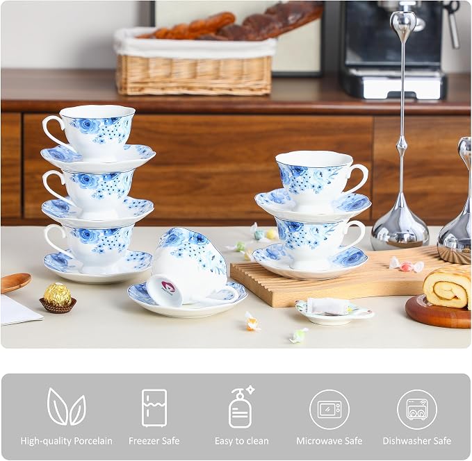 6oz Porcelain Tea Cup and Saucer Set of 6, Classic Blue Floral | Classic blue - Image 3