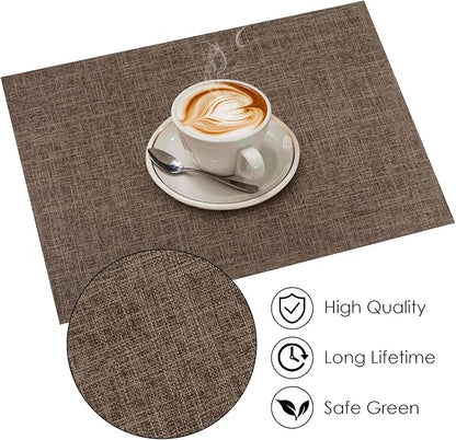 Placemats Set of 8, Faux Linen Dining Table Mats Heat Resistant Placemats for Kitchen Table, Washable Anti-Slip Place Mats, Kitchen Placemats Easy to Clean(Dark Brown)