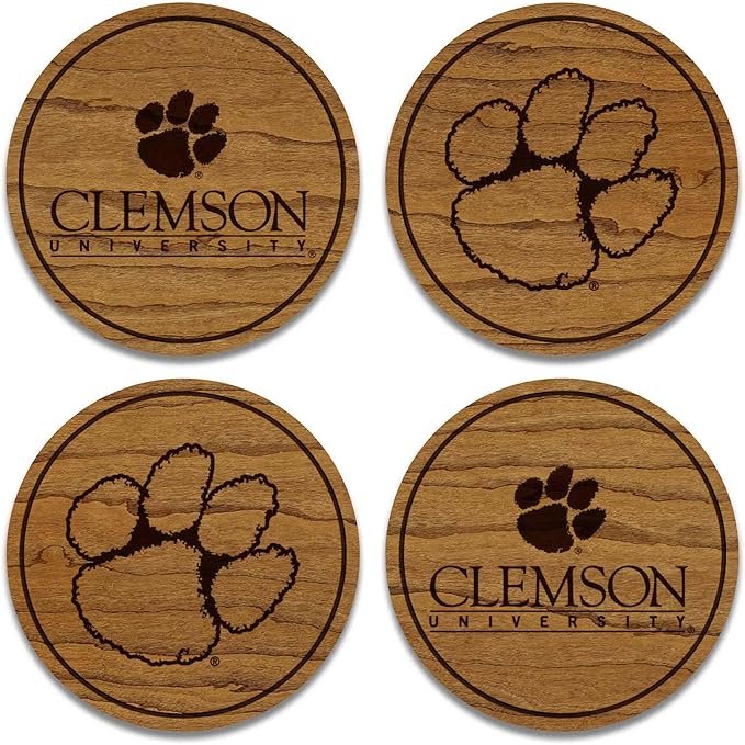 LazerEdge Clemson Tigers Wooden Coaster Set - Cherry Wood - Officially Licensed Product - 4-Pack