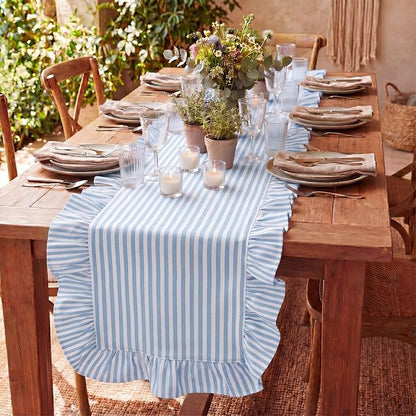 HunnmingRe Ruffle Trim Boho Table Runner Farmhouse Rustic Stripes Scalloped - Image 6