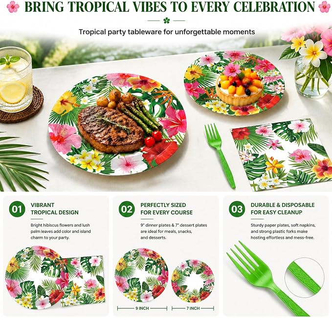 100 Pcs Tropical Luau Party Supplies Set, Serves 25 – Disposable Hibiscus - Image 2