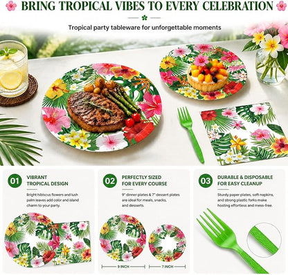 100 Pcs Tropical Luau Party Supplies Set, Serves 25 – Disposable Hibiscus - Image 2