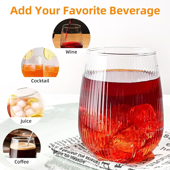UMEIED 12 Pack Textured Glass Cups, 490ml | Elegant Vertical Ribs, Flat Base - Image 3