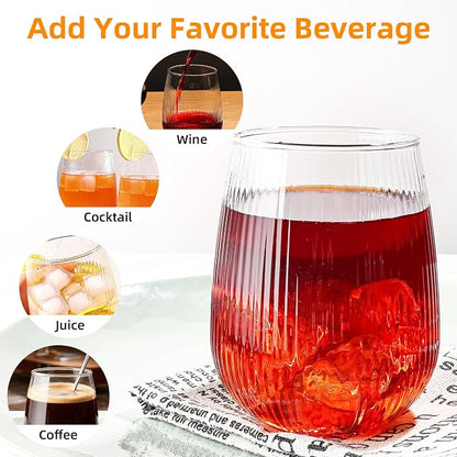 UMEIED 12 Pack Textured Glass Cups, 490ml | Elegant Vertical Ribs, Flat Base - Image 3