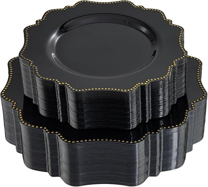 COLOSUS Black Plastic Plates Set,Heavy Duty Black Disposable Plates for 50 guests,Include 50PCS 10.5inch Dinner Plate and 50PCS 8.25 inch Dessert Plate for Halloween Party/Wedding/New Year/Birthday