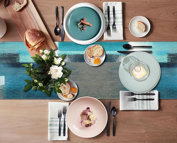 Emvency Table Runner, 13x60 Inch, Abstract Modern Farmhouse | Teal Grey Dining - Image 5