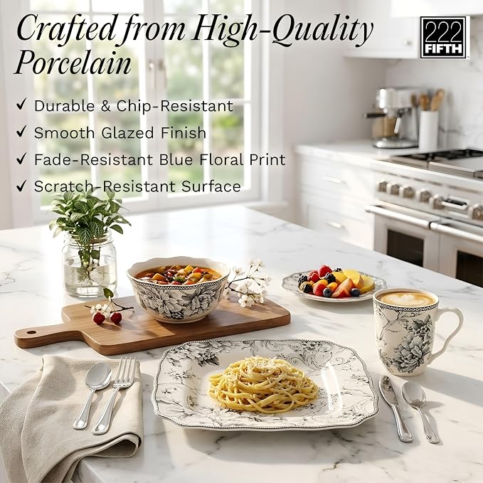 222 Fifth Adelaide Grey 16-Piece Floral Porcelain Dinnerware Set | Microwave - Image 6