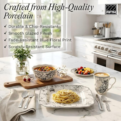 222 Fifth Adelaide Grey 16-Piece Floral Porcelain Dinnerware Set | Microwave - Image 6