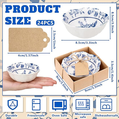 12 Pcs Wedding Favors for Guests Small Ceramic Bowl Bulk Gifts Set 3.3 Inch Floral Design Mini Dipping Sauce Dish with Card Box for Bridal Pooja Baby Shower Birthday Guest Gift (Blue)