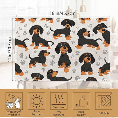 Dog Dachshund Placemats Set of 6, Grey Paws Waterproof Non-Slip Washable Table Mats for Kitchen Dining Holiday Party Wedding Decor 12x18 Inch