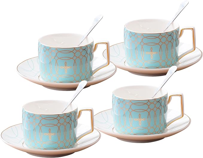 Jusalpha Porcelain Mint Green Tea Cup and Saucer Set and Spoon | Modern elegant by Jusalpha