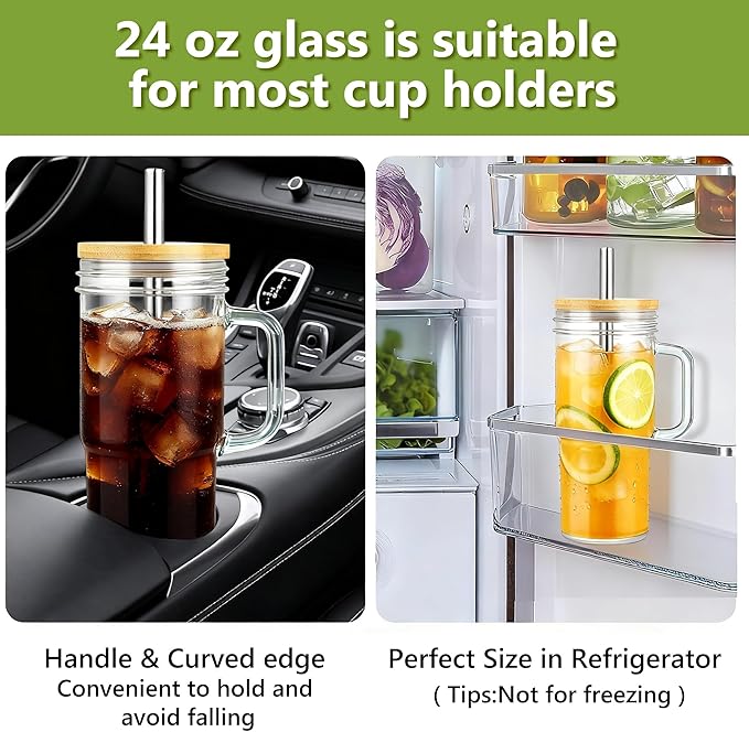 Birity 24oz Glass Cups with Lids and Straws, Glass Tumbler with Handle - Image 4
