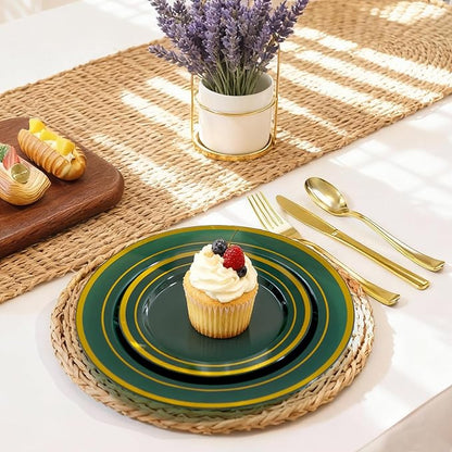 200PCS Green Plastic Plates, Green Disposable Plates with Gold Rim Include 100 Dinner Plate 10 inch and 100 Dessert Plate 7 inch Perfect for Party & Wedding