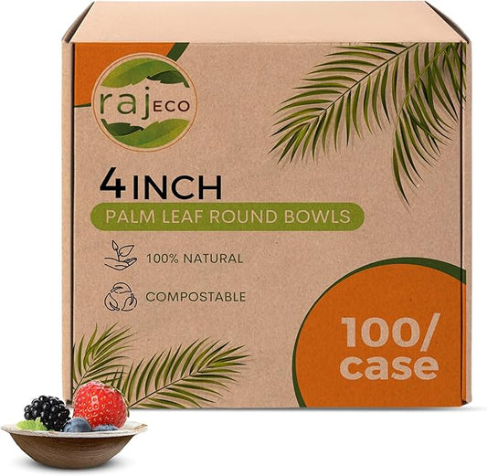 Raj Disposable Palm Leaf Bowls (100 Count, 4" Bowls) Strong Bowl Like Bamboo Party Bowl - Decorative Compostable Tableware for Lunch, Dinner, Birthday, Camping, Outdoor, Picnic, Parties