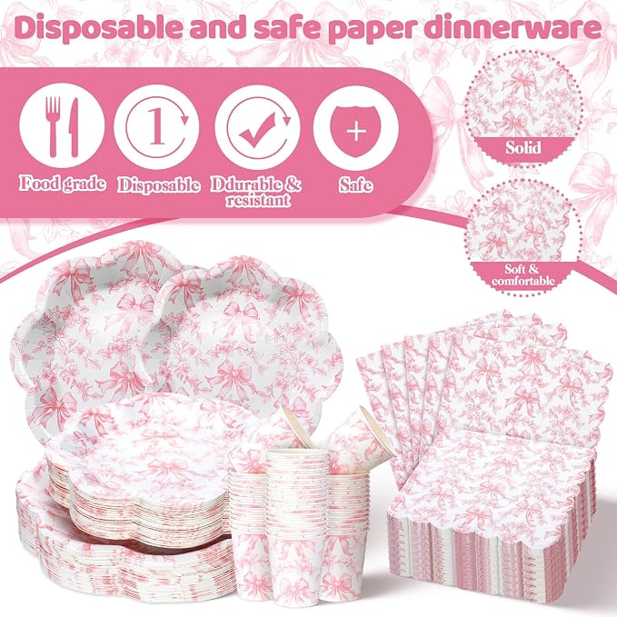 250 Pcs Pink Bow Disposable Paper Plate Napkins | Disposable Tableware Set - Image 3