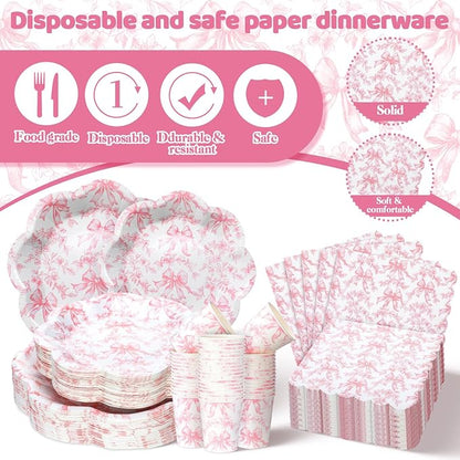 250 Pcs Pink Bow Disposable Paper Plate Napkins | Disposable Tableware Set - Image 3