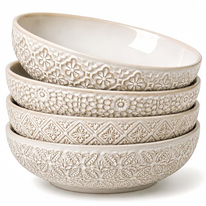 8 inch Pasta Bowls Set of 4, 22 Oz Ceramic Serving Bowls, Large Porcelain by FEENMAICeramicHome