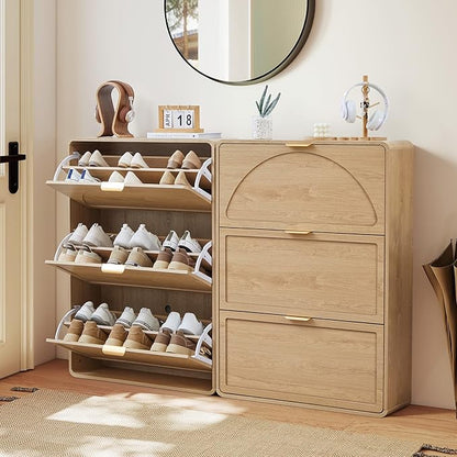 Narrow Hidden Shoe Organizer Cabinet Storage for Entryway, Modern Slim and Skinny Shoe Rack Cabinet with Flip Drawers for Entrance, Hallway - Natural