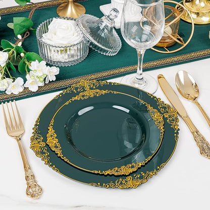 102PCS Green Plastic Plates - Green and Gold Plates - Fancy Heavy Duty Disposable Plate - Heavyweight Dinner & Dessert Plate for 51 Guests for Party & Wedding