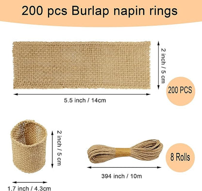 Natural Burlap Napkin Rings Set of 200 pcs with Jute Rope,Disposable Napkin Bands Bulk,Rustic Serviette Ring for Tables,Decorations,Wedding,Dinner,Country Party Decor