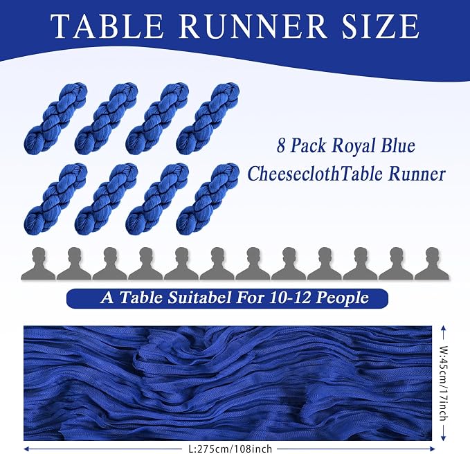 8 Pack Royal Blue Cheesecloth Table Runner 17x108 inch Boho Gauze Cheese Cloth - Image 2