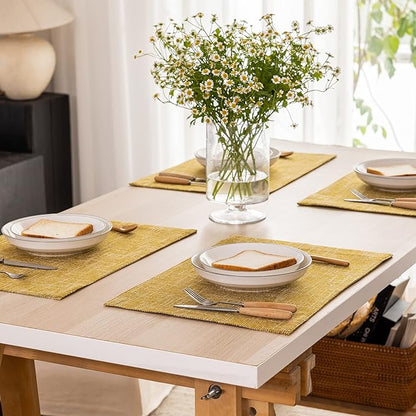 Kevin Textile Burlap Linen Placemats Set of 6 Heat Resistant Dining Table Place Mats Washable Kitchen Table Mats for Dinning Party Holiday Indoor Outdoor, 13 x19 inches, Honey Yellow