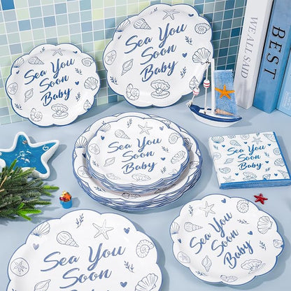 Whaline 72Pcs Sea You Soon Baby Tableware, Plate Napkin Set, Serves 24 | 9" & - Image 4