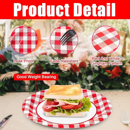 100pcs Red Gingham Oval Paper Plates, 10" x 12" Large Red and White Checked Plaid Party Supplies Disposable Heavy Duty Paper Plates for Birthday Wedding Bridal Baby Shower Christmas Party Decor