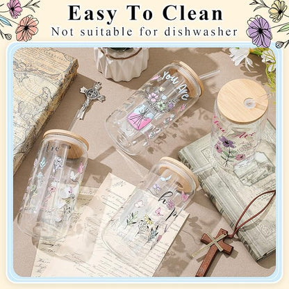 Mumufy 4 Pack Wildflower Glass Cups Gift Aesthetic Cute Glass Cup Tumbler - Image 4