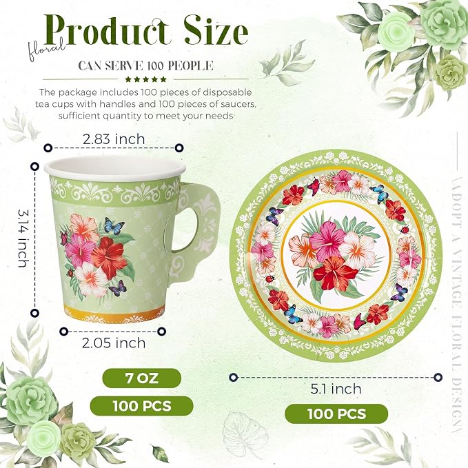 Nuogo 200 Pcs Floral Paper Tea Cups and Saucers 7 oz Disposable Paper Teacups - Image 3