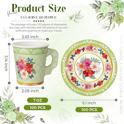 Nuogo 200 Pcs Floral Paper Tea Cups and Saucers 7 oz Disposable Paper Teacups - Image 3