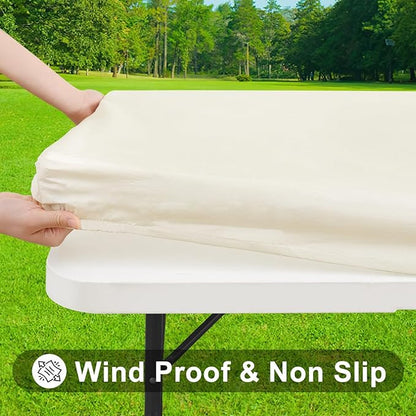 Smiry Rectangle Tablecloth, Elastic Fitted Flannel Backed Vinyl Tablecloths for 4ft Folding Tables, Waterproof Wipeable Table Covers for Indoor, Outdoor, Picnic and Camping (Beige, 24"x48")