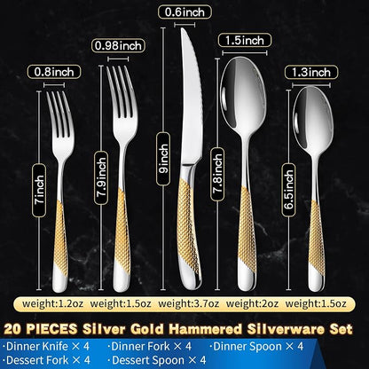 20-Piece Hammered Silver Gold Silverware Set - Image 3