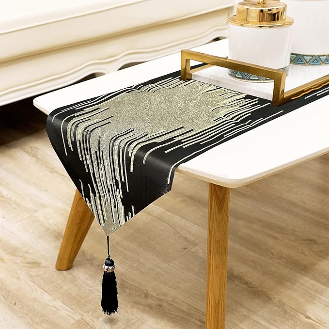 Modern Black Table Runner, Abstract Geometric, Tassel by Jiino