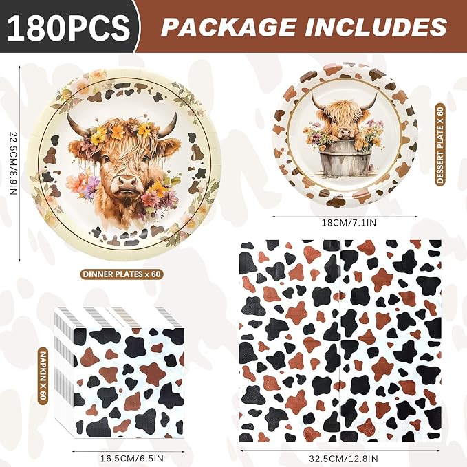 180PCS Highland Cow Paper Plates and Napkins Party Supplies Serve 60 | Brown - Image 2