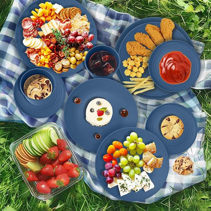 Wrova 40Pack plates and bowls sets for kids - Unbreakable wheat straw dinnerware sets service for 8 - Alternative plastic 40pcs dishes for kitchen, camping and indoors dinning - (Blue)
