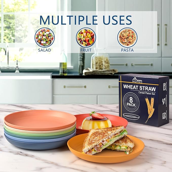 HOTEC 8-Pack 9inch BPA Free Unbreakable Deep Dinner Plates, Wheat Straw Plastic - Image 7