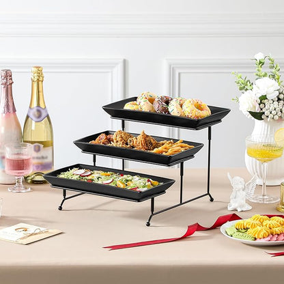 MALACASA 3 Tier Serving Tray, Porcelain Tiered Serving Trays Platters, 12 Inch Serving Stand with Platters,Black Dessert Stand with Collapsible Sturdier Metal Rack,Series PLAT