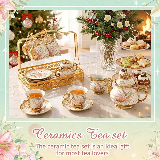 22 Pcs Porcelain Tea Set with Metal Holder, Vintage European Floral Tea Set - Image 4