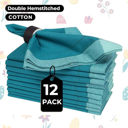 Bedding Craft Cotton Cloth Dinner Napkins Set of 12 – 20x20 Teal Multi Double Hemstitched – Machine Washable Reusable Fabric Napkins for Weddings & Dinner Tables