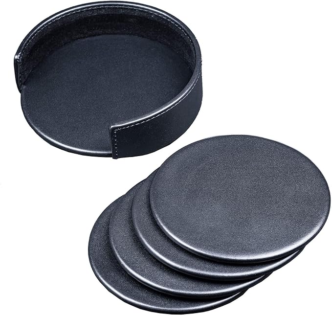 Dacasso Black Leather 4-Round Coaster Set by Dacasso