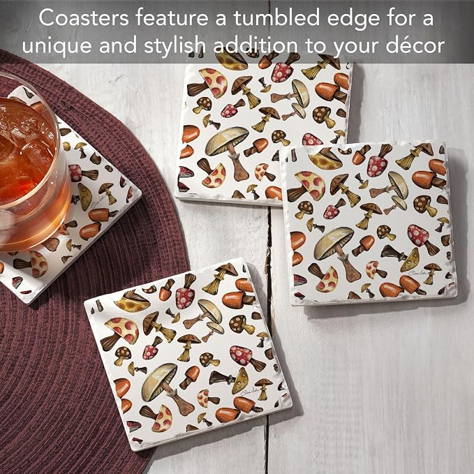 Thirstystone Mushroom Harvest 4 Pack Absorbent Tumbled Tile Stone Coasters | 4" - Image 2