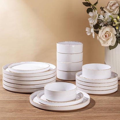 AmorArc Ceramic Dinnerware Sets for 8, 24 Pieces Handpainted Plates and Bowls Set with Rustic Terracotta Underside, Scratch Resistant Stoneware Dishes Set, Dishwasher & Microwave Safe