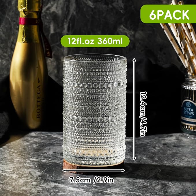 Moretoes Vintage Glassware, 12 Oz Hobnail Drinking Glasses Set of 6 | Clear - Image 3