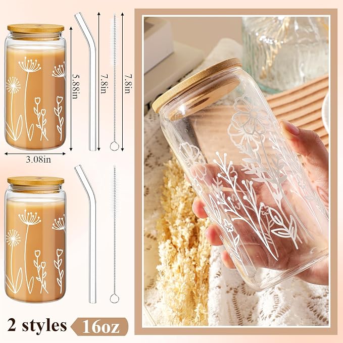 Mumufy 2 Pack Glass Cups Gift Aesthetic Cute Glass Cup Tumbler Flower Iced - Image 2