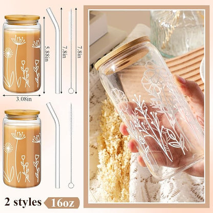 Mumufy 2 Pack Glass Cups Gift Aesthetic Cute Glass Cup Tumbler Flower Iced - Image 2